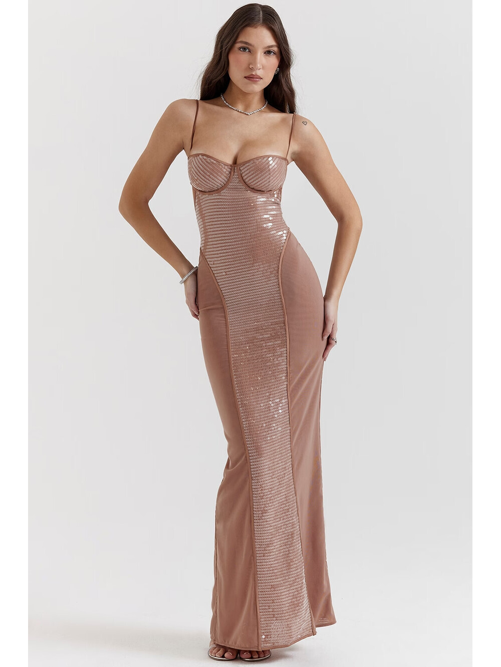 NEW, HOUSE OF CB Bonita Cafe Au Lait Sequin Maxi Dress in Beige Sz #MD2468